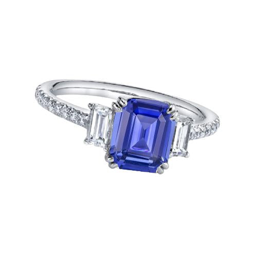 Emerald Three Stone Blue Sapphire Ring & Pave Set Diamonds 3 Carats - Gemstone Ring-harrychadent.ca