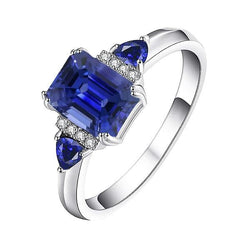 Emerald Three Stone Blue Sapphire Ring & Natural Earth Mined Diamonds 3 Carats