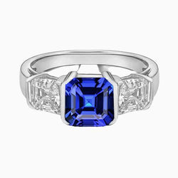 Engagement 3 Stone Natural Earth Mined Diamond Ring Asscher Sri Lankan Sapphire 2 Carats