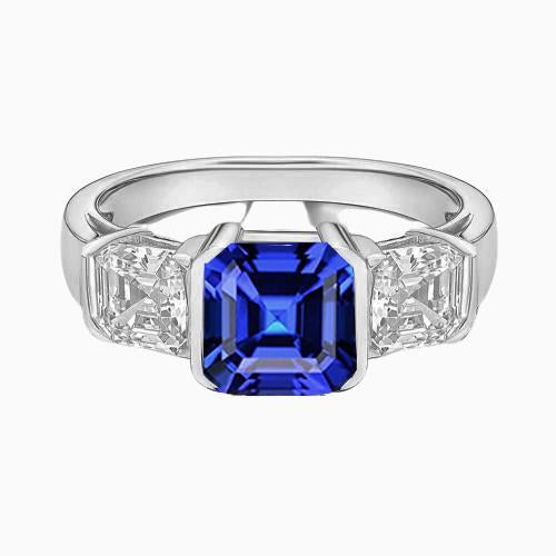 Engagement 3 Stone Diamond Ring Asscher Sri Lankan Sapphire 2 Carats - Gemstone Ring-harrychadent.ca