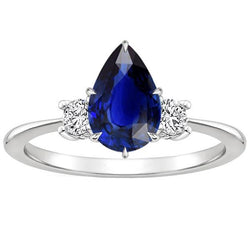 Engagement 3 Stone Ring Pear Ceylon Sapphire & Natural Earth Mined Diamonds 4 Carats