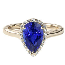 Engagement Halo Ring Pear Cut Blue Sapphire & Natural Earth Mined Diamonds 4 Carats