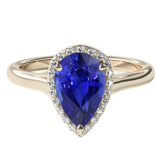 Engagement Halo Ring Pear Cut Blue Sapphire & Diamonds 4 Carats - Gemstone Ring-harrychadent.ca