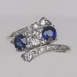 Engagement Old Cut Round Natural Earth Mined Diamond & Blue Sapphire Ring 4 Carats
