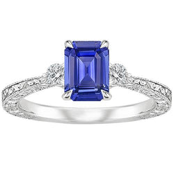 Engagement Ring 3 Stones Emerald Blue Sapphire & Natural Earth Mined Diamond 3.50 Carats