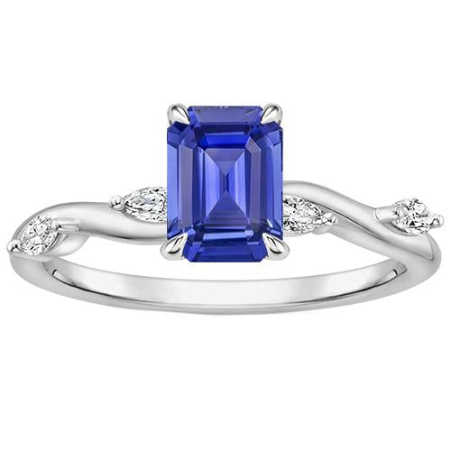 Engagement Ring 5 Stones Emerald Cut Blue Sapphire & Diamond 4 Carats - Gemstone Ring-harrychadent.ca