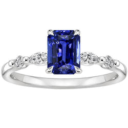 Engagement Ring 5 Stones Radiant Ceylon Sapphire & Natural Earth Mined Diamond 4 Carats