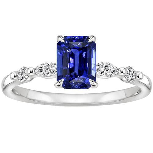 Engagement Ring 5 Stones Radiant Ceylon Sapphire & Diamond 4 Carats - Gemstone Ring-harrychadent.ca