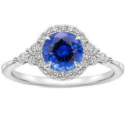 Engagement Ring Pear Natural Earth Mined Diamond & Round Cut Halo Ceylon Sapphire 3 Carats