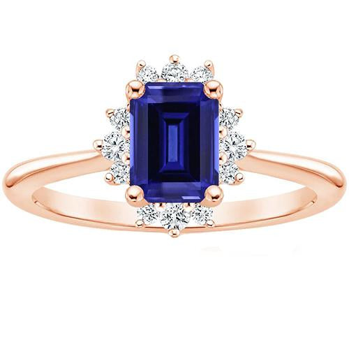 Flower Style Ring Ceylon Sapphire & Diamond 4 Carats Emerald Cut - Gemstone Ring-harrychadent.ca