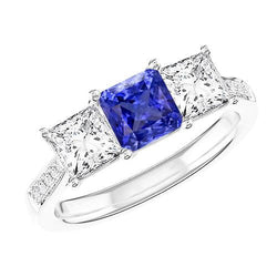 Gemstone Cushion Sapphire Ring Princess & Round Natural Earth Mined Diamonds 3 Carats