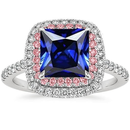 Gemstone Diamond Ring Blue & Pink Sapphire Double Halo 6.50 Carat Gold - Gemstone Ring-harrychadent.ca
