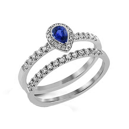 Gemstone Halo Engagement Ring Set Pear Blue Sapphire 2.50 Carats - Gemstone Ring-harrychadent.ca