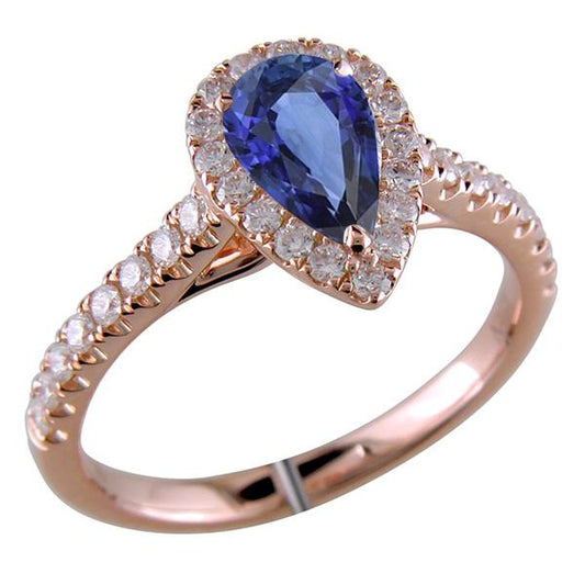 Gemstone Halo Pave Set Diamond Ring Pear Ceylon Sapphire 5.50 Carats - Gemstone Ring-harrychadent.ca