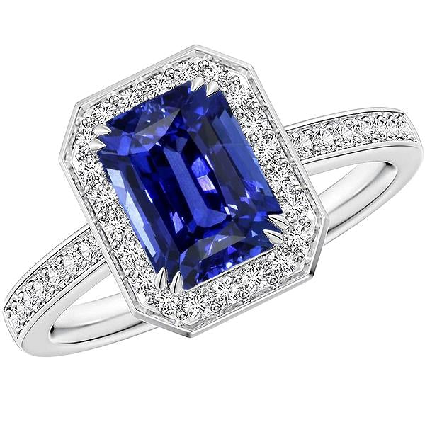 Gemstone Halo Emerald Blue Sapphire Ring Prong Set Diamonds 5 Carats- Gemstone Ring-harrychadent.ca