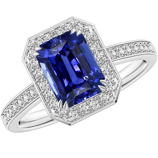 Gemstone Halo Emerald Blue Sapphire Ring Prong Set Diamonds 5 Carats- Gemstone Ring-harrychadent.ca