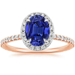 Gemstone Halo Ring Oval SriLanka Sapphire 5 Carats Two Tone Gold 14K