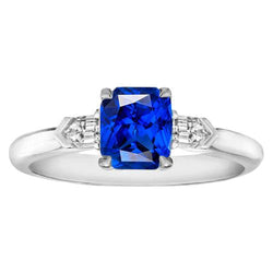 Gemstone Jewelry Radiant Sapphire & Baguette Natural Earth Mined Diamond Ring 1.75 Carats