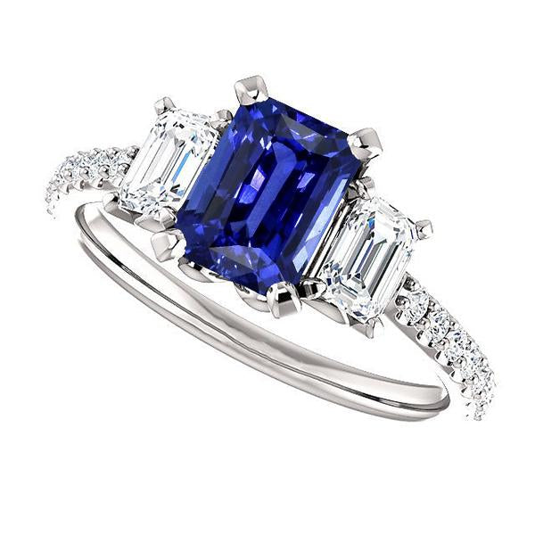 Gemstone Emerald Blue Sapphire Ring 3 Stone Style & Diamonds 4 Carats- Gemstone Ring-harrychadent.ca