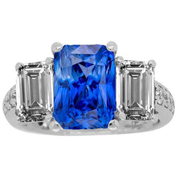 Gemstone Radiant Sapphire Ring 4.50 Carats Emerald & Round Natural Earth Mined Diamonds