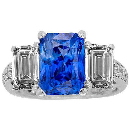 Gemstone Radiant Sapphire Ring 4.50 Carats Emerald & Round Diamonds - Gemstone Ring-harrychadent.ca