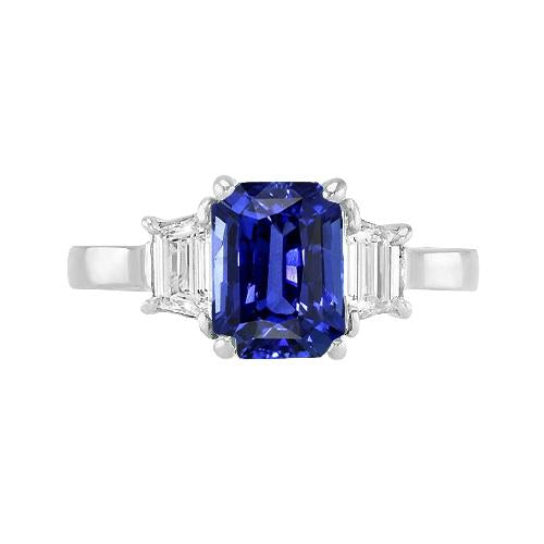 Gemstone Ring Blue Sapphire Emerald & Trapezoid Diamond 2.50 Carats - Gemstone Ring-harrychadent.ca