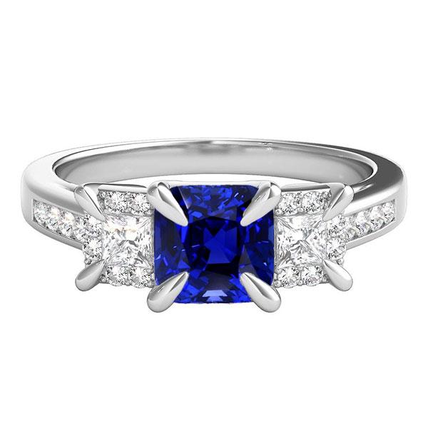 Gemstone Ring Cushion Sapphire Princess Prong Set Diamonds 3.50 Carats - Gemstone Ring-harrychadent.ca