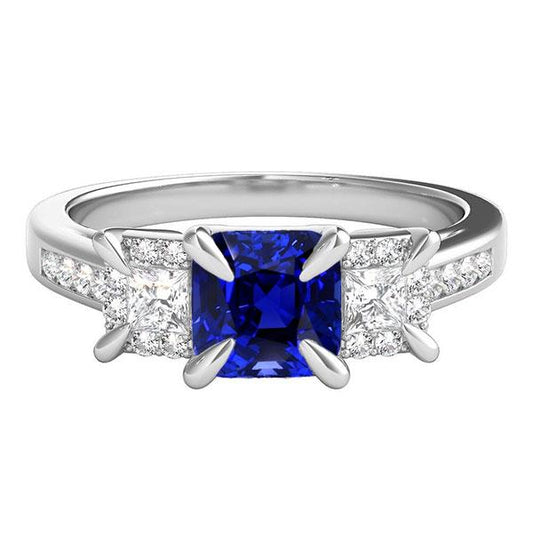 Gemstone Ring Cushion Sapphire Princess Prong Set Diamonds 3.50 Carats - Gemstone Ring-harrychadent.ca
