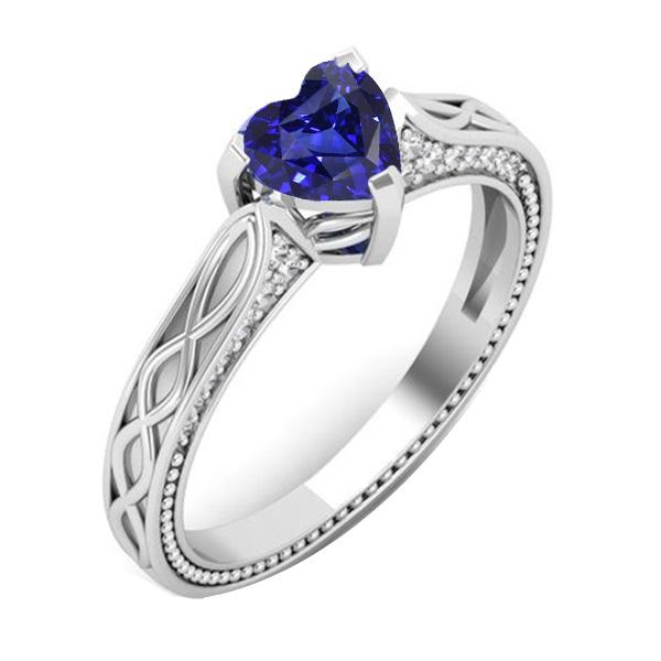 Gemstone Ring Heart Blue Sapphire Antique Style 1.25 Carats Diamonds - Gemstone Ring-harrychadent.ca