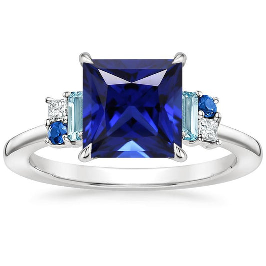 Gemstone Ring Princess Blue Sapphire, Aquamarine & Diamonds 5.50 Carat - Gemstone Ring-harrychadent.ca