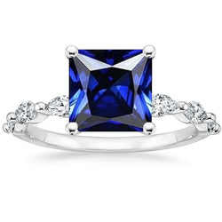 Gemstone Ring Princess Blue Sapphire & Pear Diamond Accents 5.50 Carat