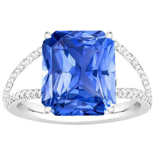 Gemstone Ring Radiant Blue Sapphire Split Shank Round Diamond 5 Carats - Gemstone Ring-harrychadent.ca