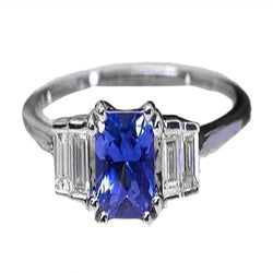 Gemstone Ring Radiant Cut Ceylon Sapphire & Baguette Diamonds 3 Carats