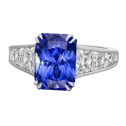 Gemstone Ring Radiant Sapphire Channel Set Trapezoid Diamonds 5 carats - Gemstone Ring-harrychadent.ca