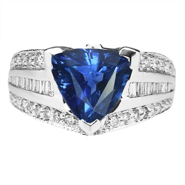 Gemstone Ring Trillion Sapphire 4.50 Carats Baguette & Round Diamonds - Gemstone Ring-harrychadent.ca