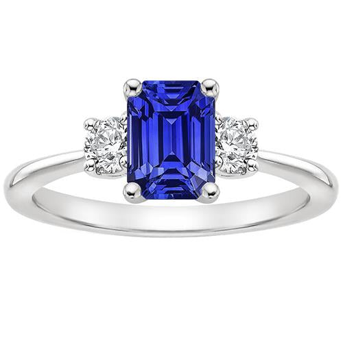 Gemstone Three Stone Ring Round Diamond & Ceylon Sapphire 3.50 Carats - Gemstone Ring-harrychadent.ca