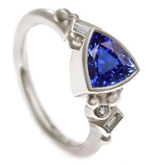 Gemstone Trillion Bezel Set Blue Sapphire Ring 2 Carats Baguette Diamonds - Gemstone Ring-harrychadent.ca