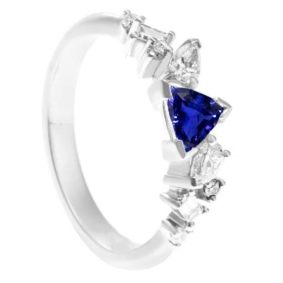 Gemstone Trillion V Prong Blue Sapphire & Diamond Ring 1 Carat - Gemstone Ring-harrychadent.ca