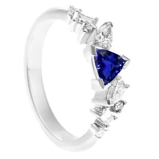 Gemstone Trillion V Prong Blue Sapphire & Diamond Ring 1 Carat - Gemstone Ring-harrychadent.ca