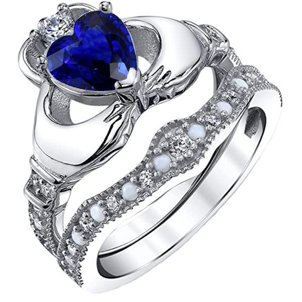 Gemstone Wedding Ring Set Heart Blue Sapphire 3 Carats Vintage Style - Gemstone Ring-harrychadent.ca