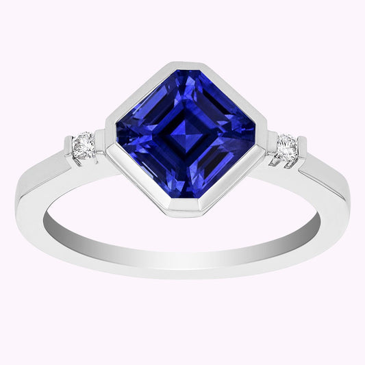 Gold 3 Stone Diamond Asscher Sapphire Ring 2.75 Carats Bezel & Bar Set - Gemstone Ring-harrychadent.ca