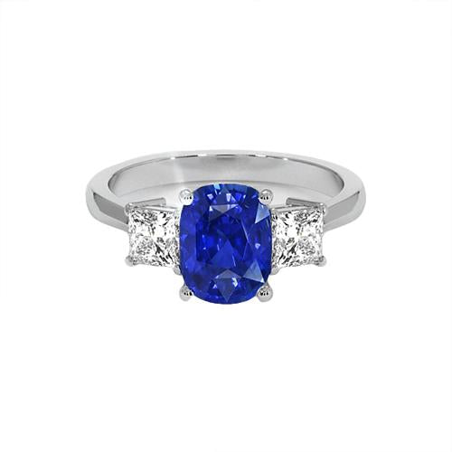 Gold 3 Stone Ring Cushion Blue Sapphire & Princess Diamond 6.50 Carats - Gemstone Ring-harrychadent.ca