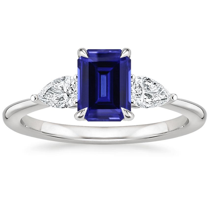 Gold 3 Stone Ring Emerald Cut Blue Sapphire & Pear Diamond 3.50 Carats - Gemstone Ring-harrychadent.ca