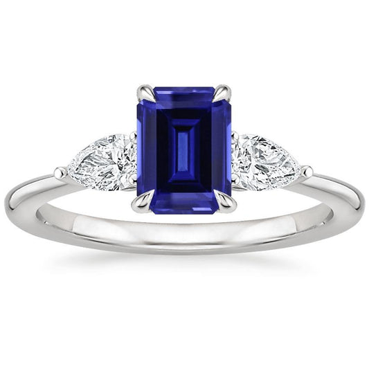 Gold 3 Stone Ring Emerald Cut Blue Sapphire & Pear Diamond 3.50 Carats - Gemstone Ring-harrychadent.ca