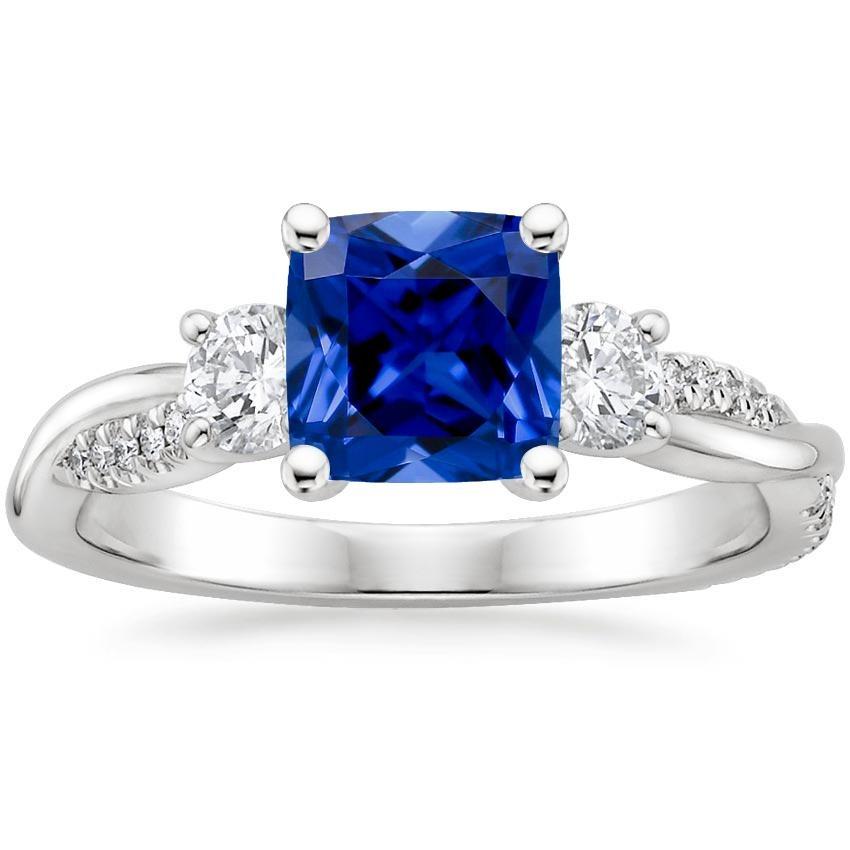 Gold 3 Stone Style Ring Cushion Blue Sapphire With Accents 2.75 Carats - Gemstone Ring-harrychadent.ca