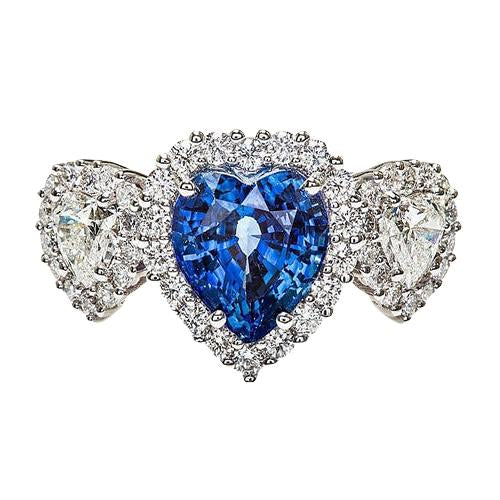 Gold Anniversary Ring 7 Carats Heart Cut Blue Sapphire & Halo Diamonds - Gemstone Ring-harrychadent.ca