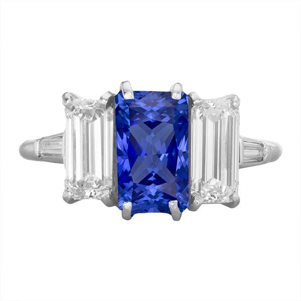 Gold Anniversary Sapphire Ring 3.75 Carats Emerald & Baguette Diamonds - Gemstone Ring-harrychadent.ca