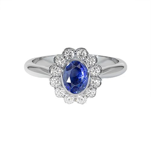 Gold Bezel Set Halo Oval Ceylon Sapphire And Diamond Ring 9.70 Carats - Gemstone Ring-harrychadent.ca