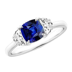 Gold Natural Earth Mined Diamond Half Moon & Cushion Ceylon Sapphire 3 Stone Ring 3 Carats