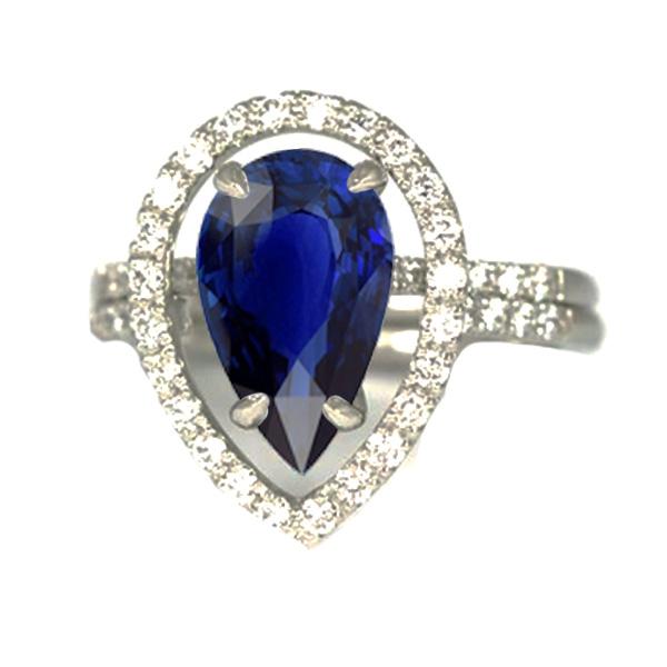 Gold Diamond Halo Wedding Ring Set Pear Blue Sapphire Center 4 Carats - Gemstone Ring-harrychadent.ca